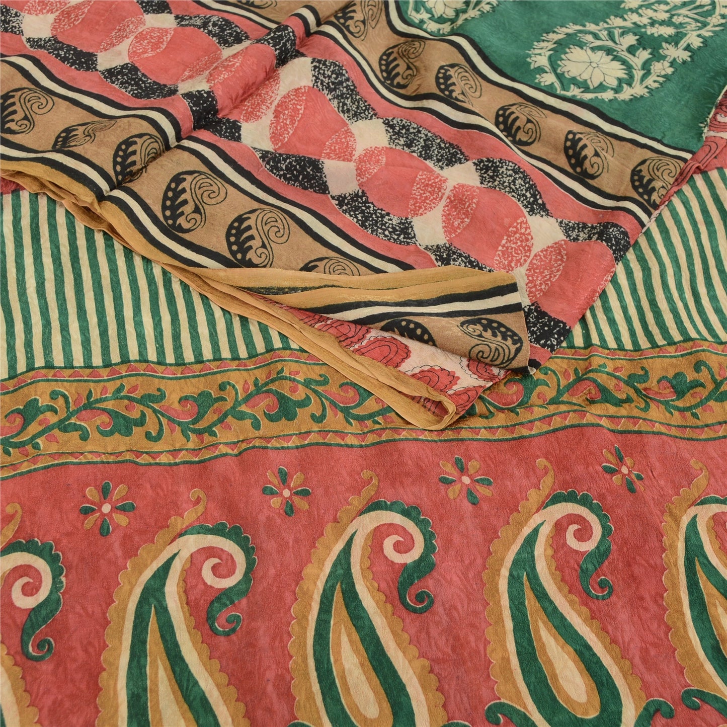 Sanskriti Vintage Sarees Red Pure Georgette Silk Paisley Print Sari Craft Sustainable Fabric