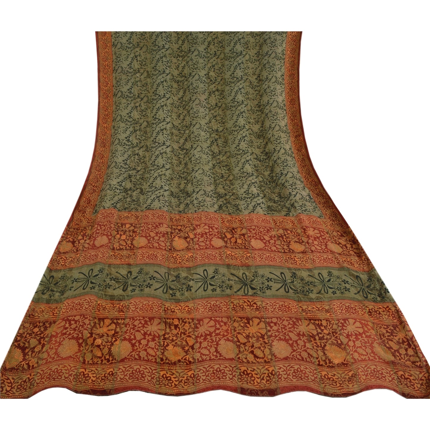 Sanskriti Vintage Sari 100% Pure Georgette Silk Green Printed aSarees 5Yd Craft Fabric Create-Floral Dresses, Kaftans, Skirts, Tops