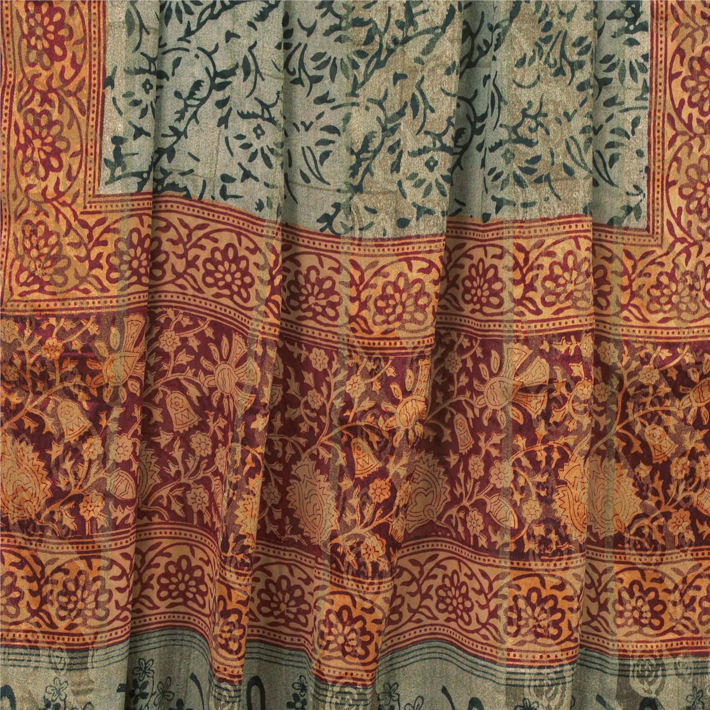 Sanskriti Vintage Sari 100% Pure Georgette Silk Green Printed aSarees 5Yd Craft Fabric Create-Floral Dresses, Kaftans, Skirts, Tops