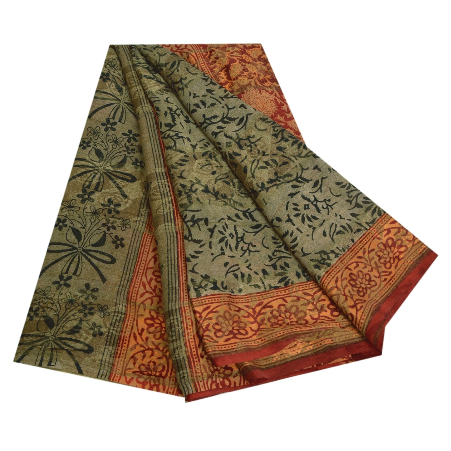 Sanskriti Vintage Sari 100% Pure Georgette Silk Green Printed aSarees 5Yd Craft Fabric Create-Floral Dresses, Kaftans, Skirts, Tops