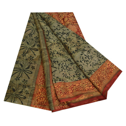 Sanskriti Vintage Sari 100% Pure Georgette Silk Green Printed aSarees 5Yd Craft Fabric Create-Floral Dresses, Kaftans, Skirts, Tops
