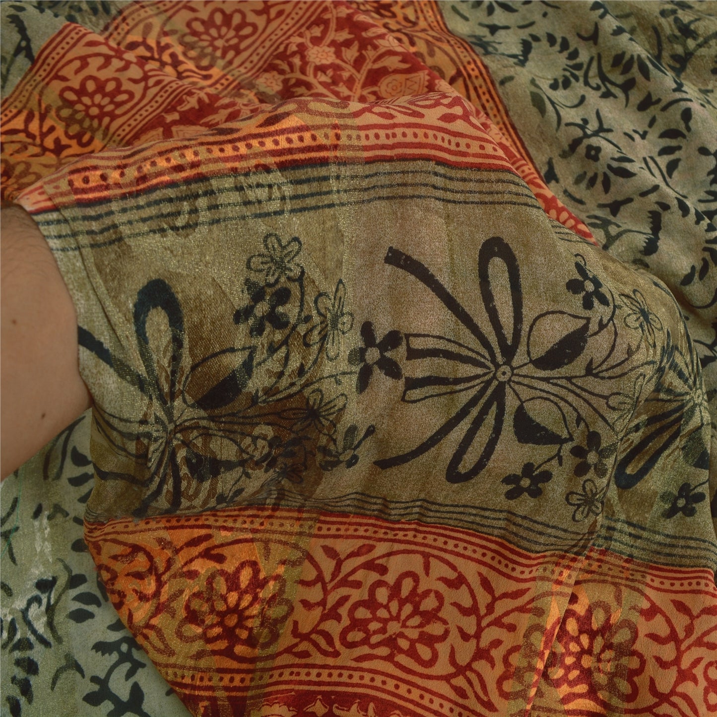 Sanskriti Vintage Sari 100% Pure Georgette Silk Green Printed aSarees 5Yd Craft Fabric Create-Floral Dresses, Kaftans, Skirts, Tops