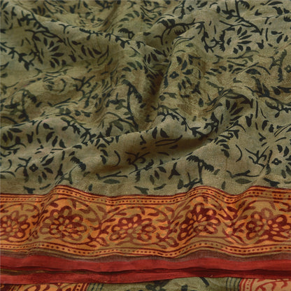 Sanskriti Vintage Sari 100% Pure Georgette Silk Green Printed aSarees 5Yd Craft Fabric Create-Floral Dresses, Kaftans, Skirts, Tops