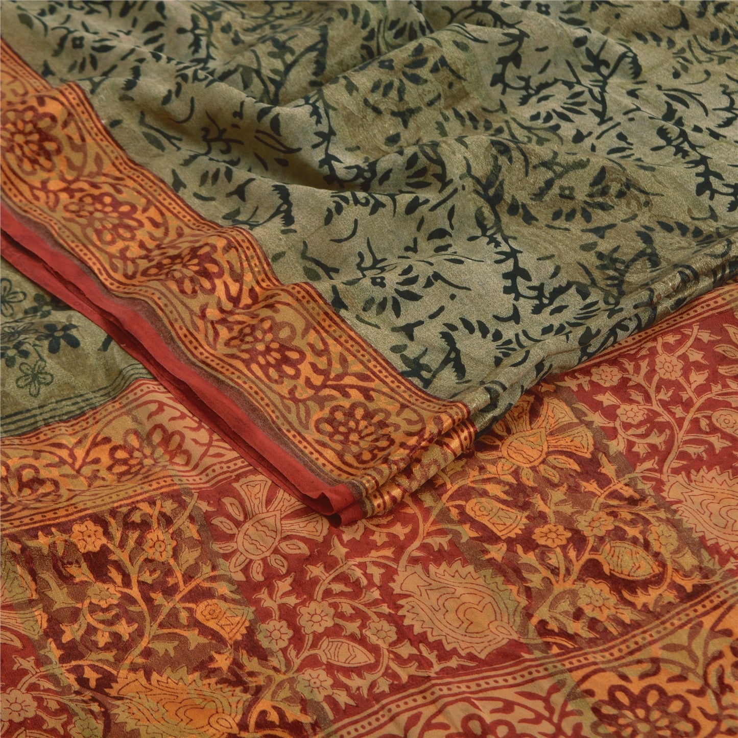 Sanskriti Vintage Sari 100% Pure Georgette Silk Green Printed aSarees 5Yd Craft Fabric Create-Floral Dresses, Kaftans, Skirts, Tops