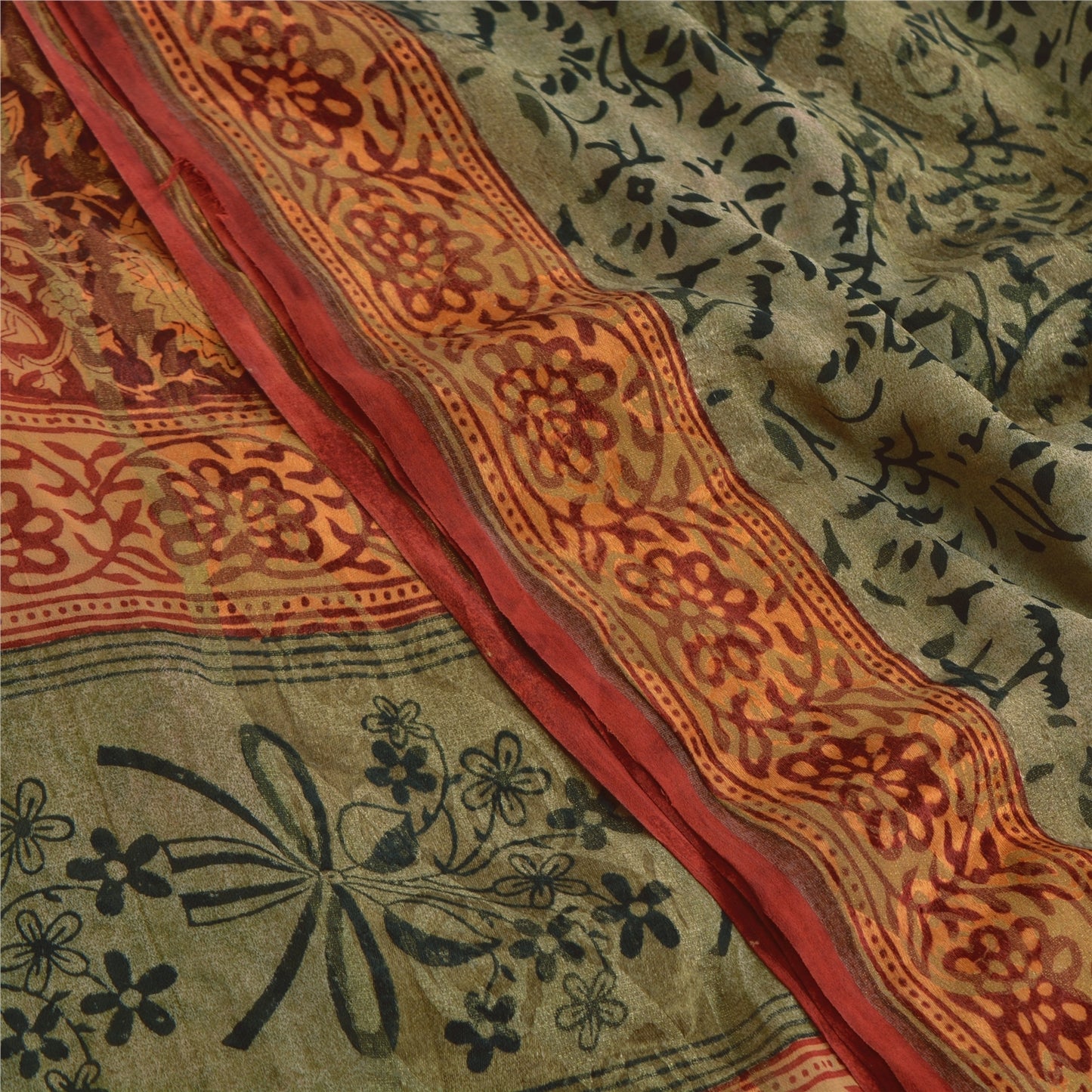 Sanskriti Vintage Sari 100% Pure Georgette Silk Green Printed aSarees 5Yd Craft Fabric Create-Floral Dresses, Kaftans, Skirts, Tops