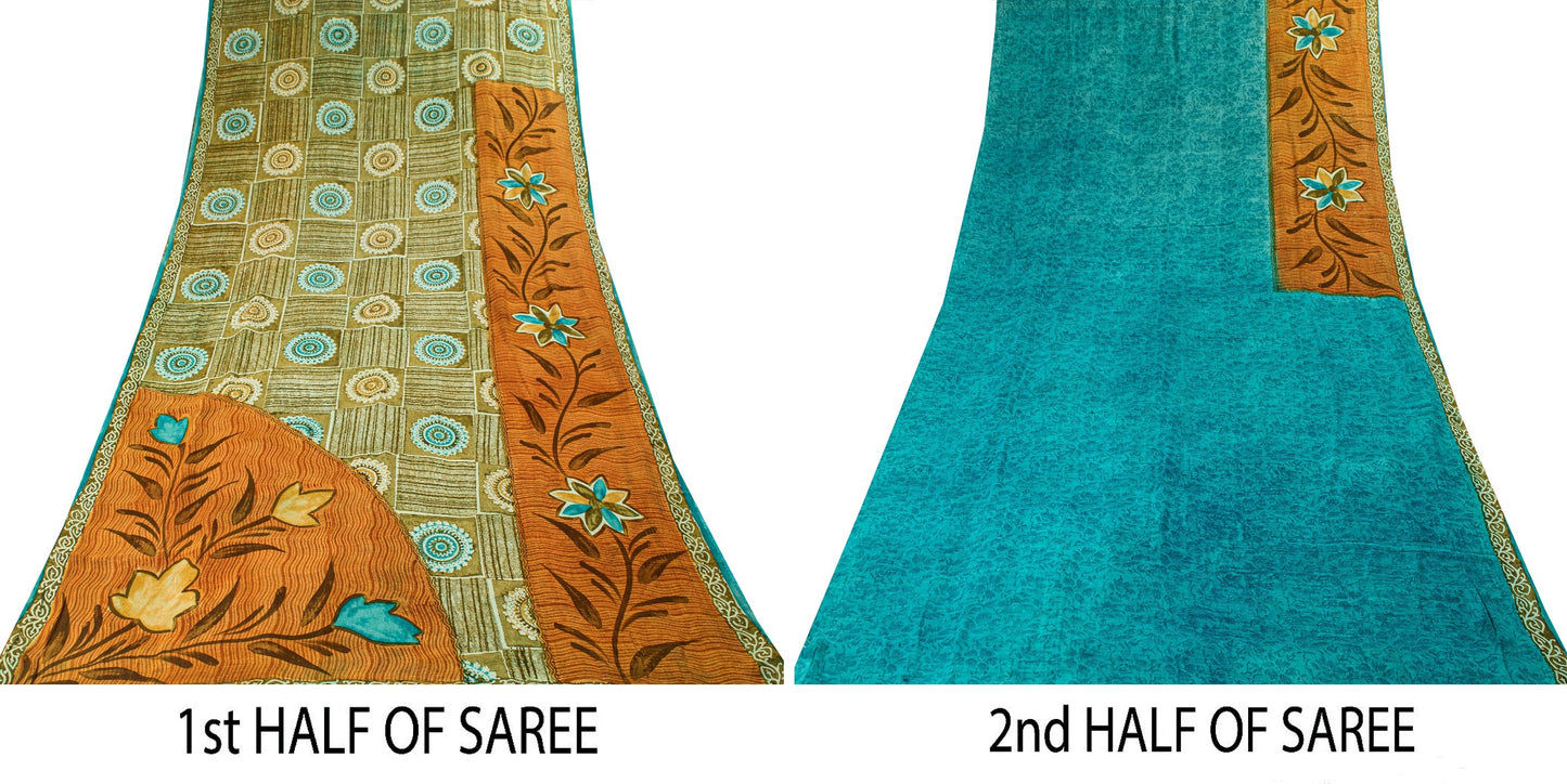 Sanskriti Vintage Sarees Multi Pure Georgette Silk Printed Sari 5yd Craft Sustainable Fabric