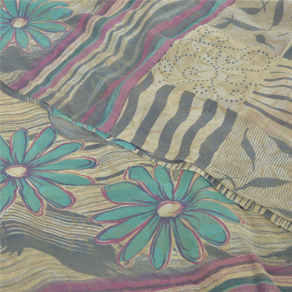 Sanskriti Vintage Sarees Pale Cream Pure Georgette Silk Print Sari Craft Sustainable Fabric