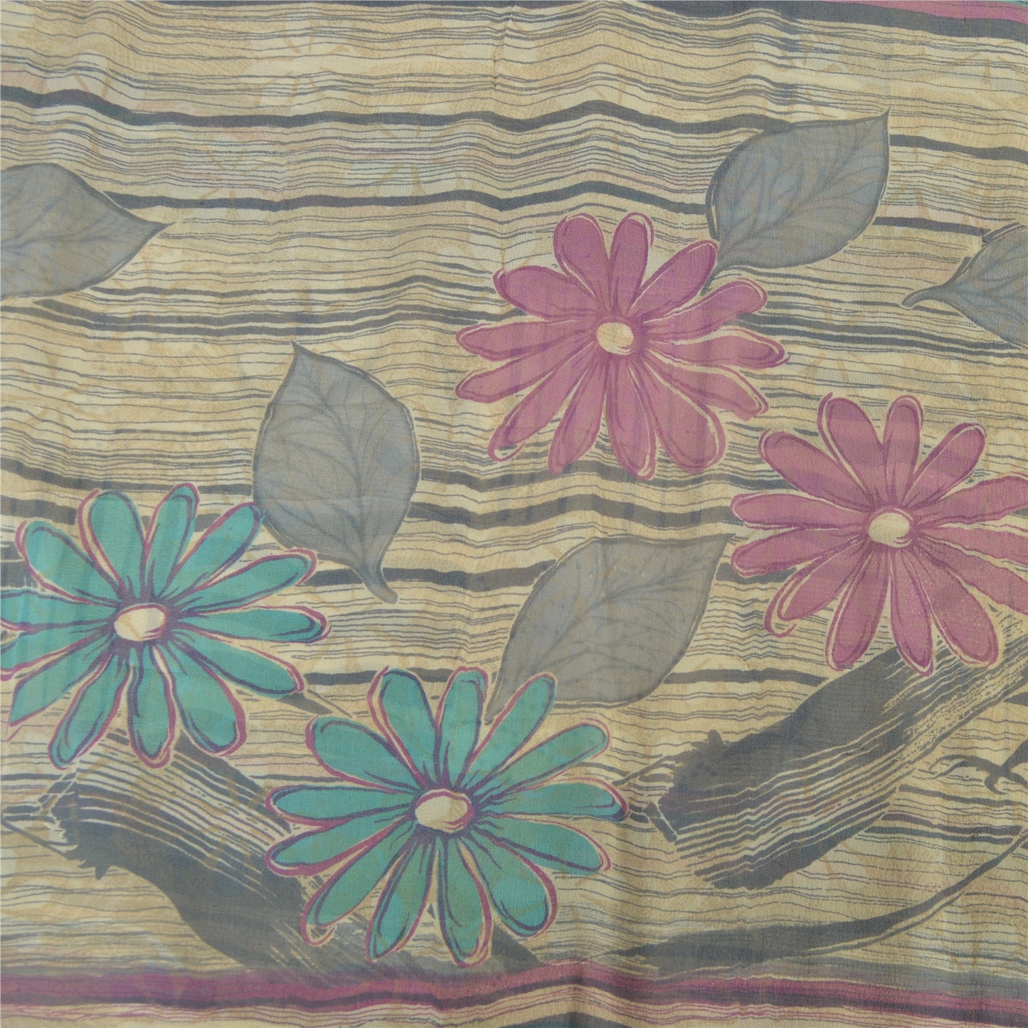 Sanskriti Vintage Sarees Pale Cream Pure Georgette Silk Print Sari Craft Sustainable Fabric