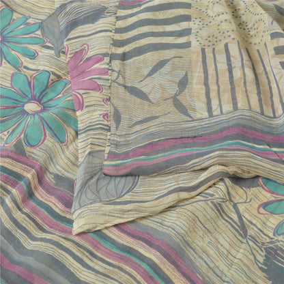 Sanskriti Vintage Sarees Pale Cream Pure Georgette Silk Print Sari Craft Sustainable Fabric
