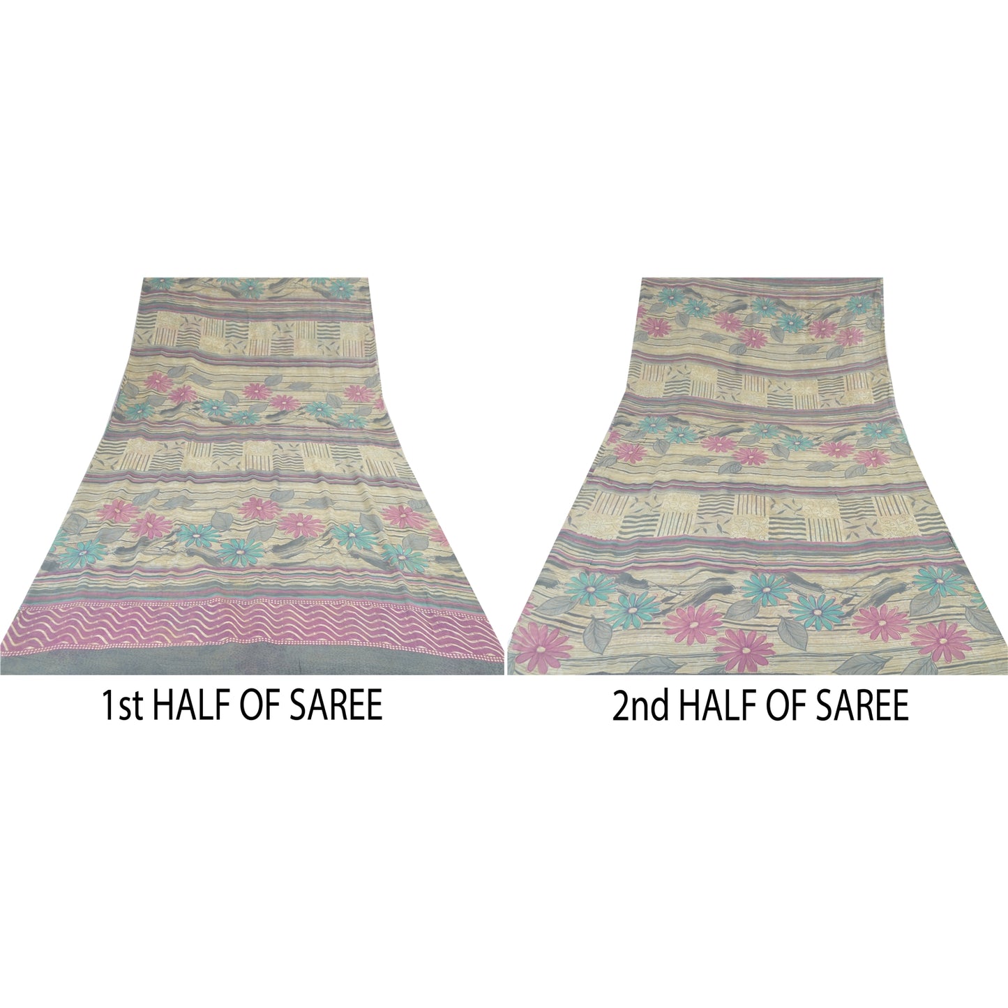 Sanskriti Vintage Sarees Pale Cream Pure Georgette Silk Print Sari Craft Sustainable Fabric