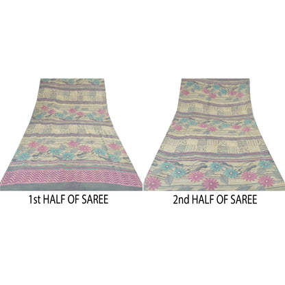 Sanskriti Vintage Sarees Pale Cream Pure Georgette Silk Print Sari Craft Sustainable Fabric