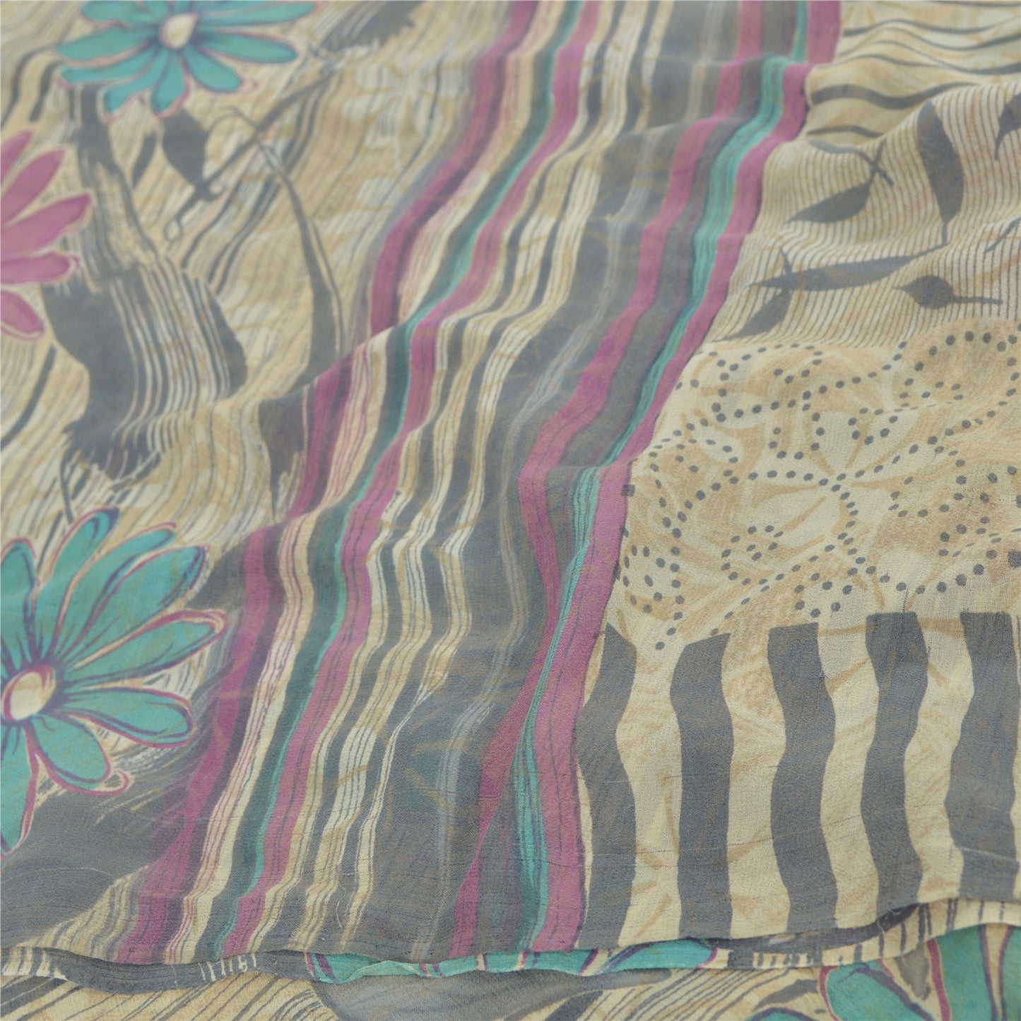 Sanskriti Vintage Sarees Pale Cream Pure Georgette Silk Print Sari Craft Sustainable Fabric
