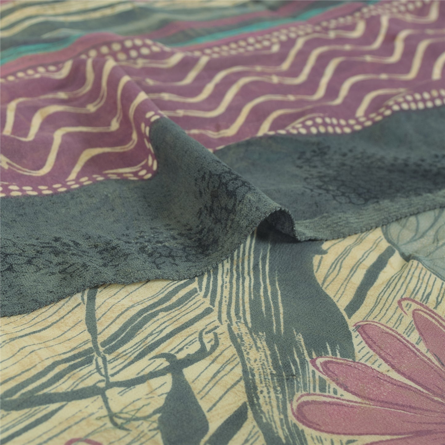Sanskriti Vintage Sarees Pale Cream Pure Georgette Silk Print Sari Craft Sustainable Fabric