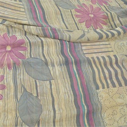 Sanskriti Vintage Sarees Pale Cream Pure Georgette Silk Print Sari Craft Sustainable Fabric