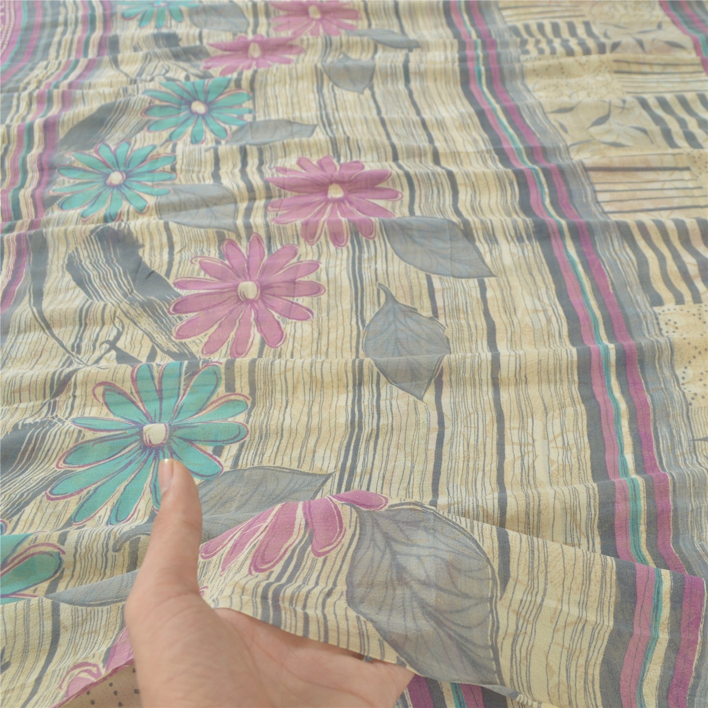 Sanskriti Vintage Sarees Pale Cream Pure Georgette Silk Print Sari Craft Sustainable Fabric