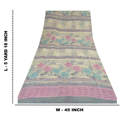 Sanskriti Vintage Sarees Pale Cream Pure Georgette Silk Print Sari Craft Sustainable Fabric