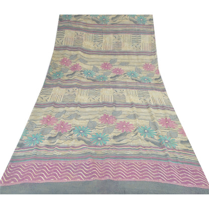 Sanskriti Vintage Sarees Pale Cream Pure Georgette Silk Print Sari Craft Sustainable Fabric