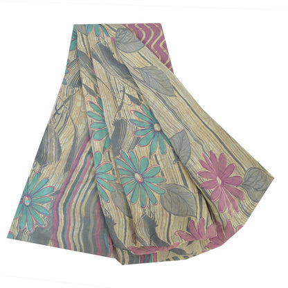 Sanskriti Vintage Sarees Pale Cream Pure Georgette Silk Print Sari Craft Sustainable Fabric