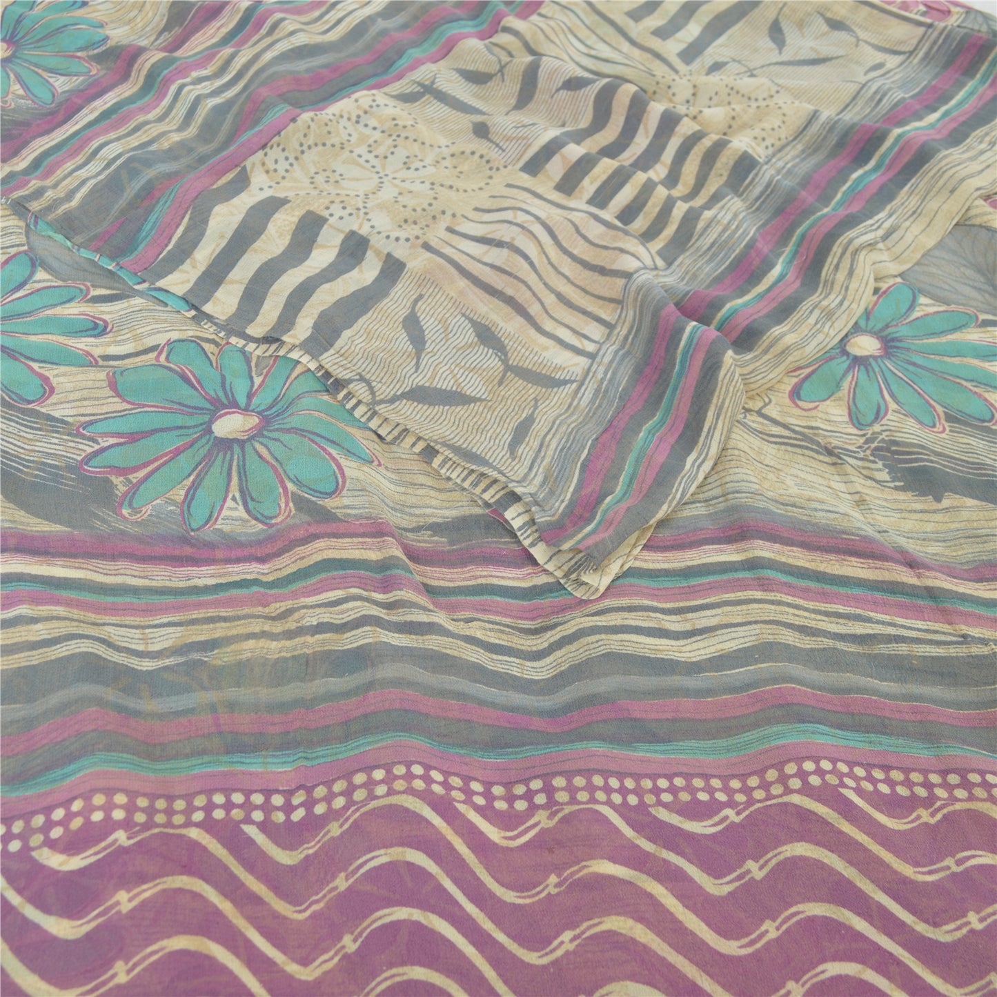 Sanskriti Vintage Sarees Pale Cream Pure Georgette Silk Print Sari Craft Sustainable Fabric