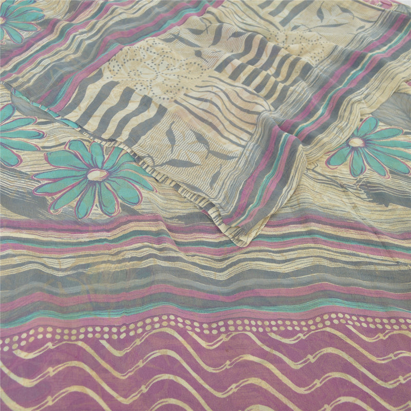 Sanskriti Vintage Sarees Pale Cream Pure Georgette Silk Print Sari Craft Sustainable Fabric