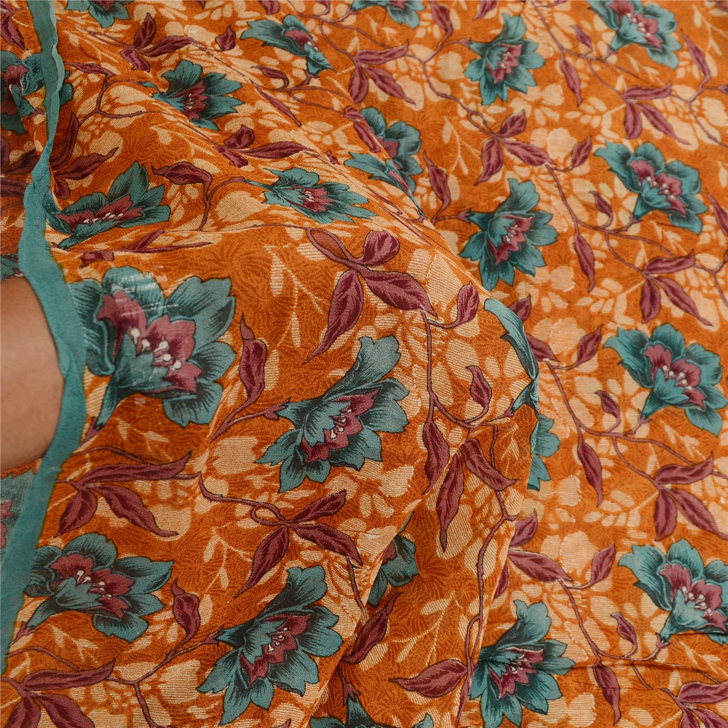 Sanskriti Vintage Sarees Brown Blend Georgette Printed Sari Floral Craft Fabric