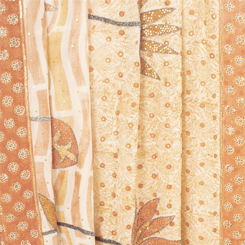 Sanskriti Vintage Sarees Peach Hand Beaded Print Pure Geogette Silk Sari Sustainable Fabric