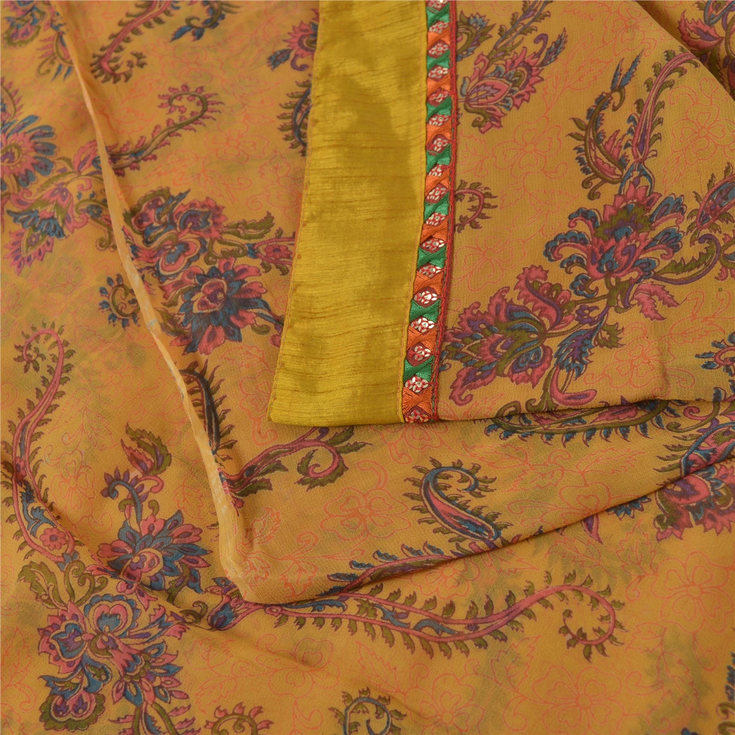 Sanskriti Vintage Sarier i sennepsblanding med georgette-tryk, 5 m håndværk i bæredygtigt stof