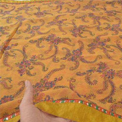Sanskriti Vintage Sarier i sennepsblanding med georgette-tryk, 5 m håndværk i bæredygtigt stof