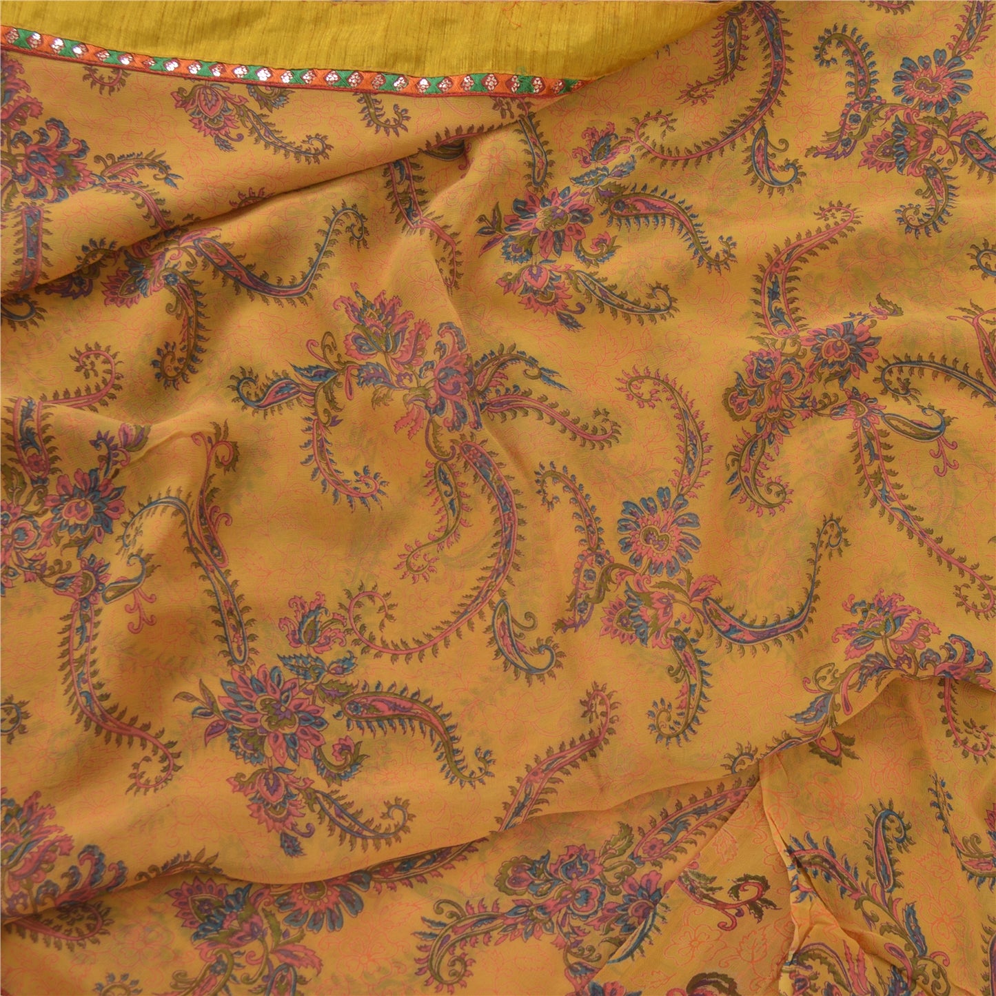 Sanskriti Vintage Sarier i sennepsblanding med georgette-tryk, 5 m håndværk i bæredygtigt stof