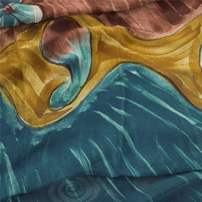 Sanskriti Vintage Sari 100% Pure Georgette Silk Sarees Blue/Brown Printed 5yd Craft Fabric upholstery fabric