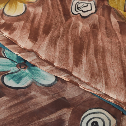 Sanskriti Vintage Sari 100% Pure Georgette Silk Sarees Blue/Brown Printed 5yd Craft Fabric upholstery fabric
