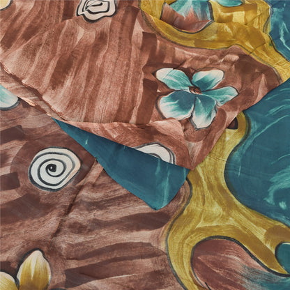Sanskriti Vintage Sari 100% Pure Georgette Silk Sarees Blue/Brown Printed 5yd Craft Fabric upholstery fabric
