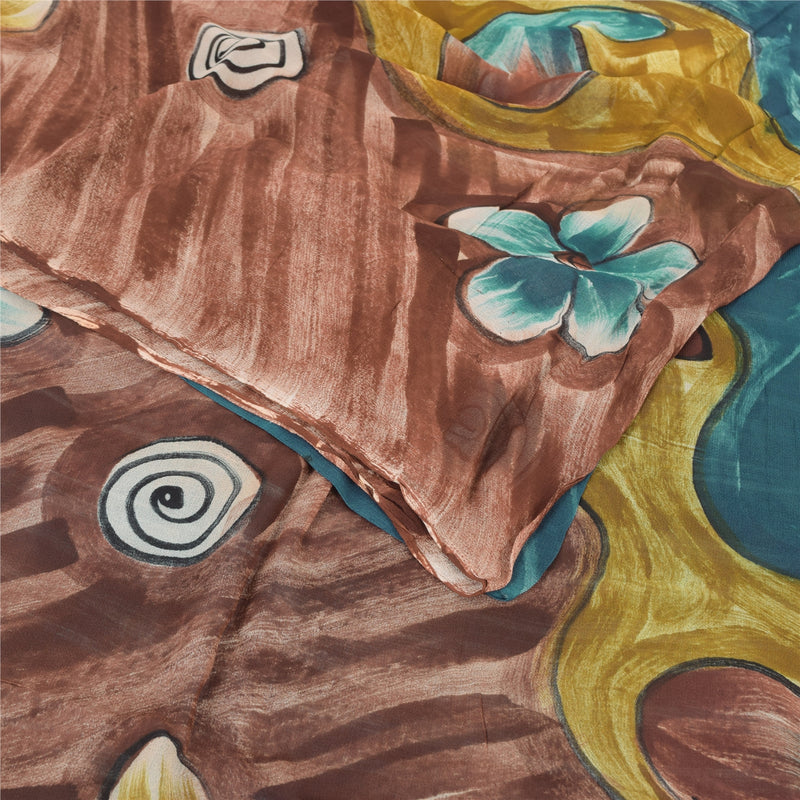 Sanskriti Vintage Sari 100% Pure Georgette Silk Sarees Blue/Brown Printed 5yd Craft Fabric upholstery fabric