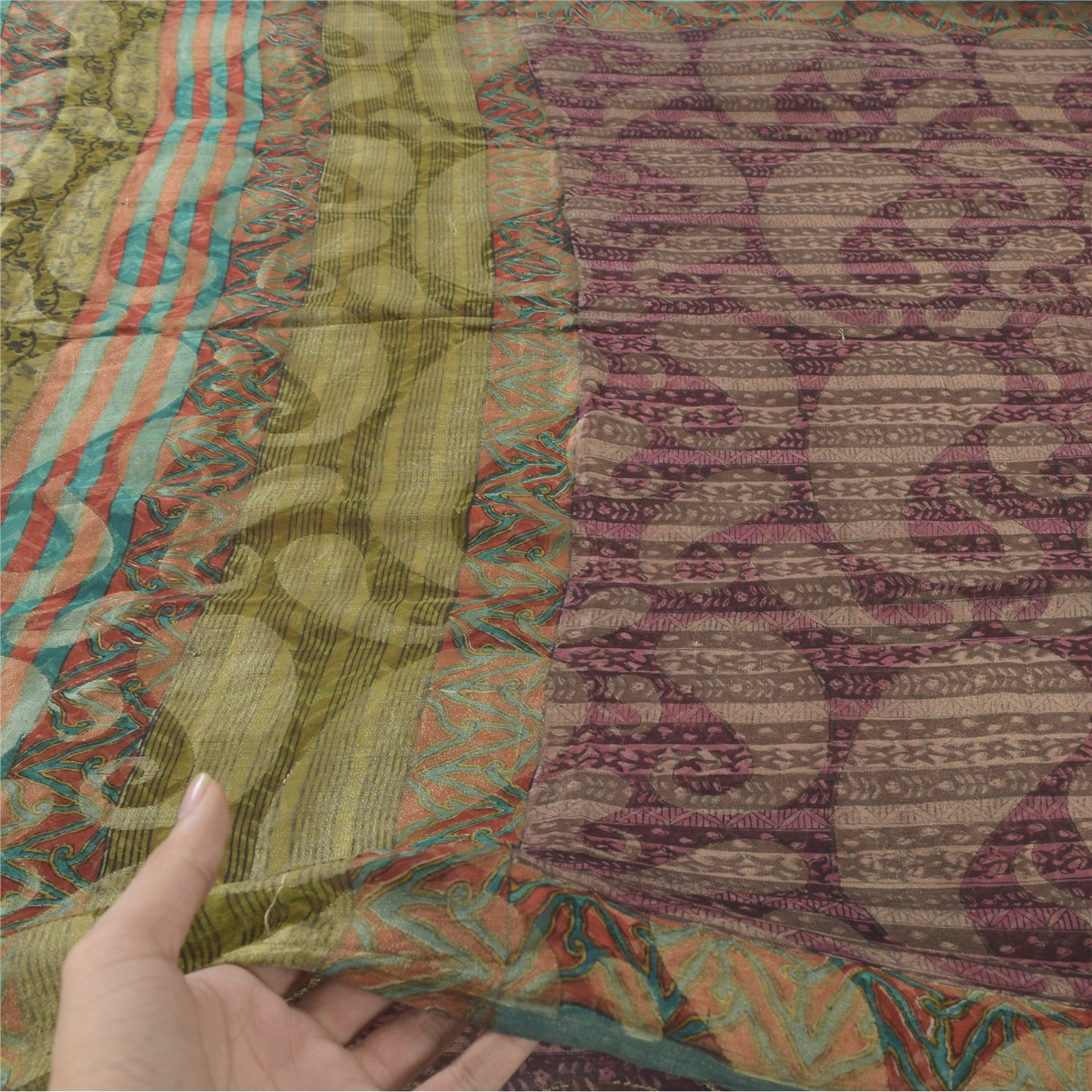 Sanskriti Vintage Blend Georgette Indian Purple Woven Printed Sarees 5 Yd Fabric Bohemian Fabric For Dressmaking,Upcyclers