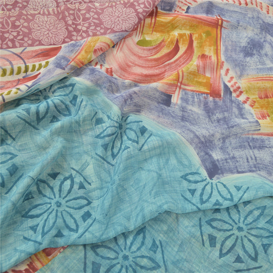 Sanskriti Vintage 100% Pure Georgette Silk Sea-Green Printed Saree 5 Yd Craft Fabric Boho Floral Quilting Material For DIY Projects