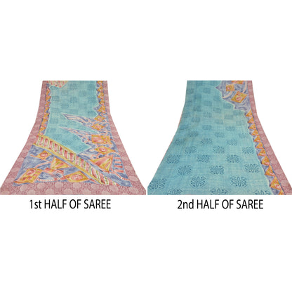 Sanskriti Vintage Sarees Havgrønne Ren Georgette Silke Trykt Sari Håndværk Bæredygtigt Stoff