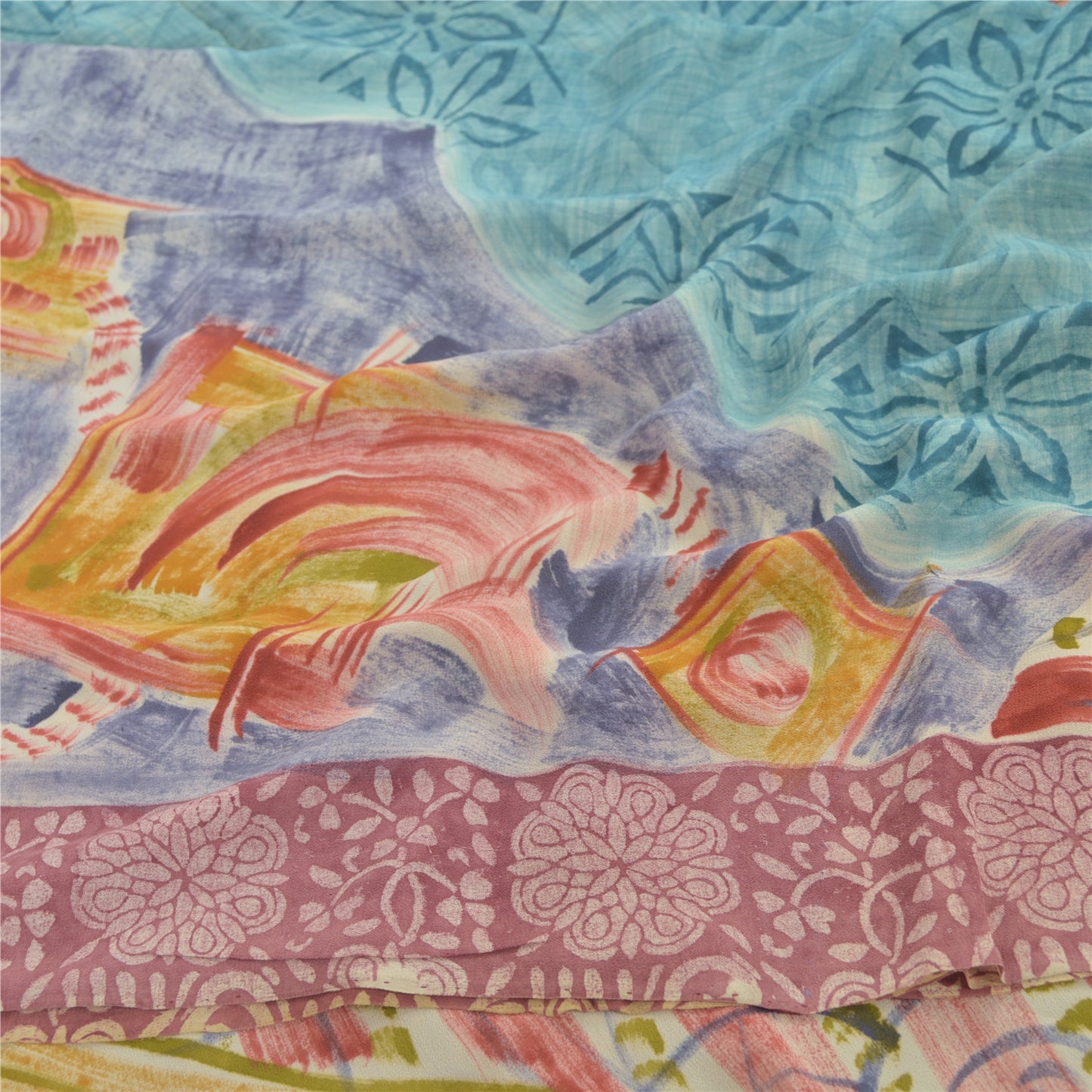 Sanskriti Vintage Sarees Havgrønne Ren Georgette Silke Trykt Sari Håndværk Bæredygtigt Stoff