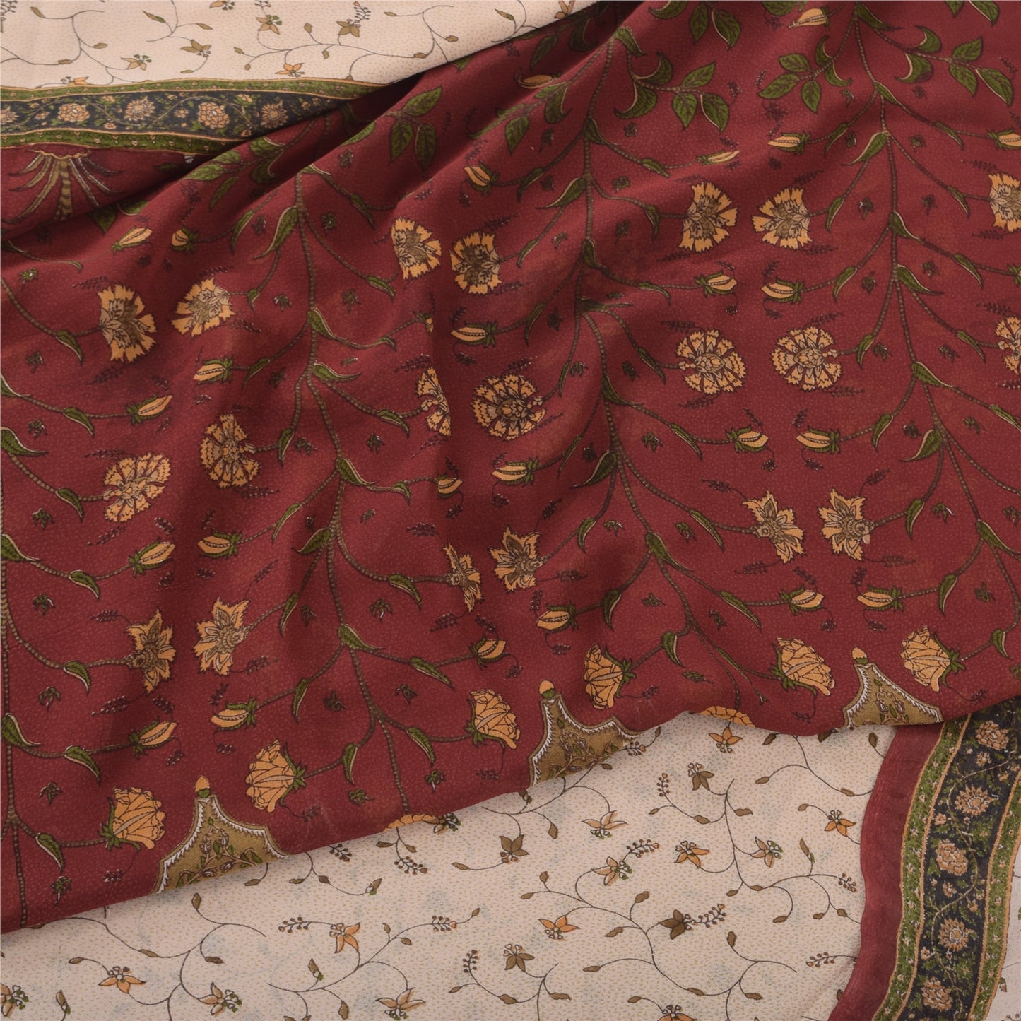 Sanskriti Vintage 100% Pure Georgette Silk Dark Red Printed Sarees 5 YD Craft Fabric Bohemian Fabric For Dressmaking,Upcyclers
