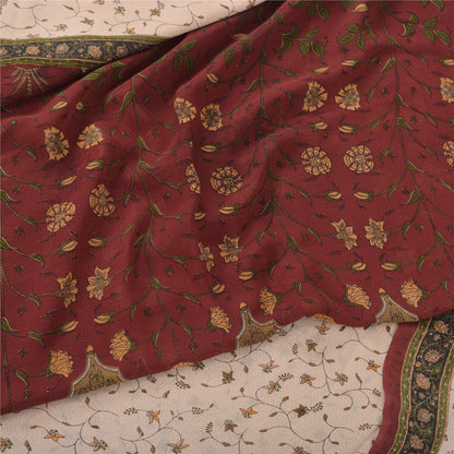 Sanskriti Vintage 100% Pure Georgette Silk Dark Red Printed Sarees 5 YD Craft Fabric Bohemian Fabric For Dressmaking,Upcyclers