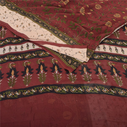 Sanskriti Vintage 100% Pure Georgette Silk Dark Red Printed Sarees 5 YD Craft Fabric Bohemian Fabric For Dressmaking,Upcyclers