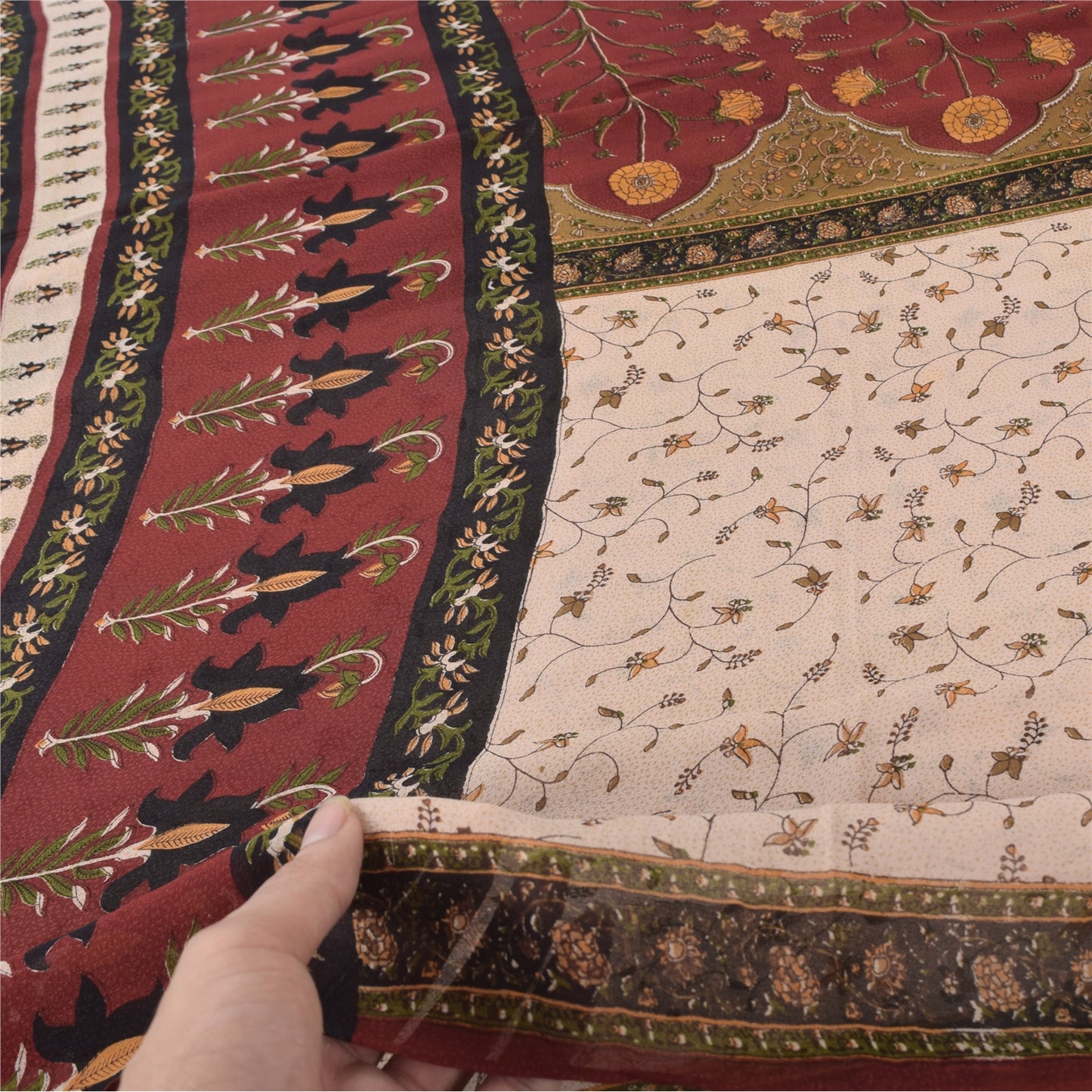 Sanskriti Vintage 100% Pure Georgette Silk Dark Red Printed Sarees 5 YD Craft Fabric Bohemian Fabric For Dressmaking,Upcyclers