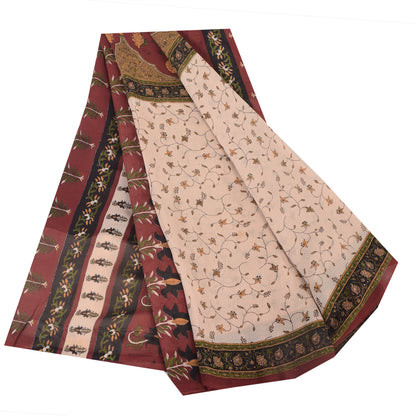Sanskriti Vintage 100% Pure Georgette Silk Dark Red Printed Sarees 5 YD Craft Fabric Bohemian Fabric For Dressmaking,Upcyclers
