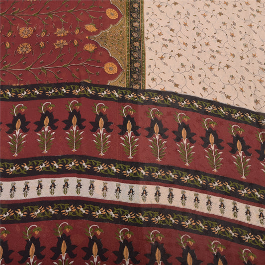 Sanskriti Vintage 100% Pure Georgette Silk Dark Red Printed Sarees 5 YD Craft Fabric Bohemian Fabric For Dressmaking,Upcyclers