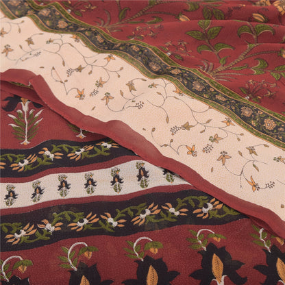 Sanskriti Vintage 100% Pure Georgette Silk Dark Red Printed Sarees 5 YD Craft Fabric Bohemian Fabric For Dressmaking,Upcyclers
