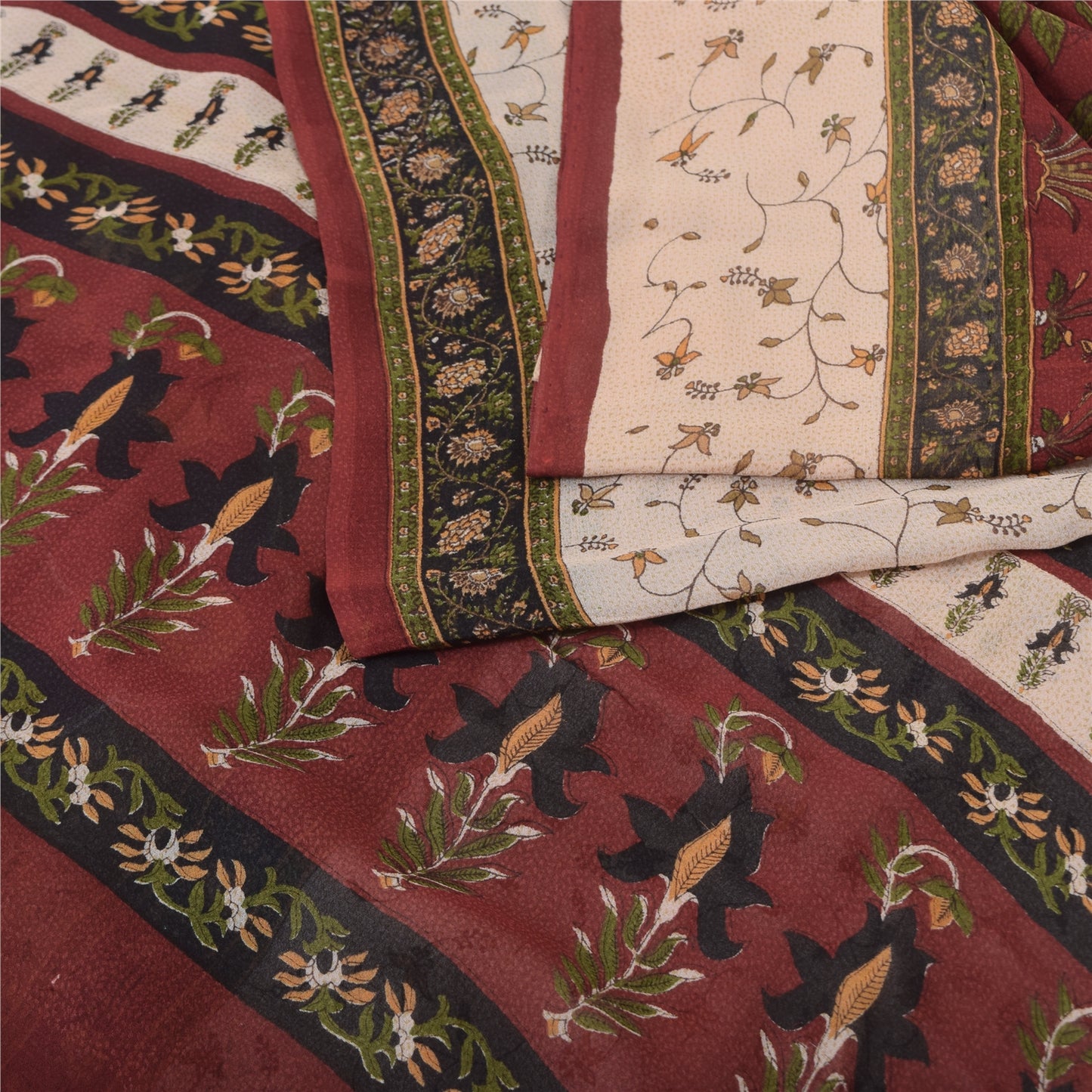 Sanskriti Vintage 100% Pure Georgette Silk Dark Red Printed Sarees 5 YD Craft Fabric Bohemian Fabric For Dressmaking,Upcyclers