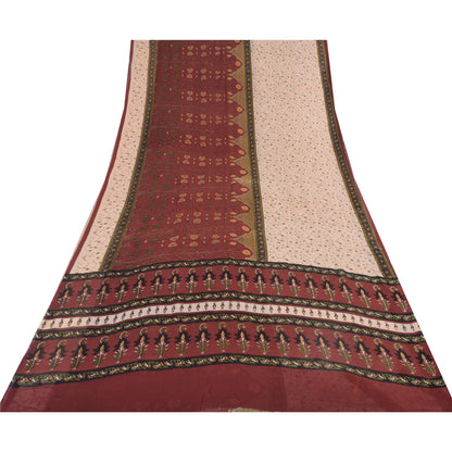 Sanskriti Vintage 100% Pure Georgette Silk Dark Red Printed Sarees 5 YD Craft Fabric Bohemian Fabric For Dressmaking,Upcyclers