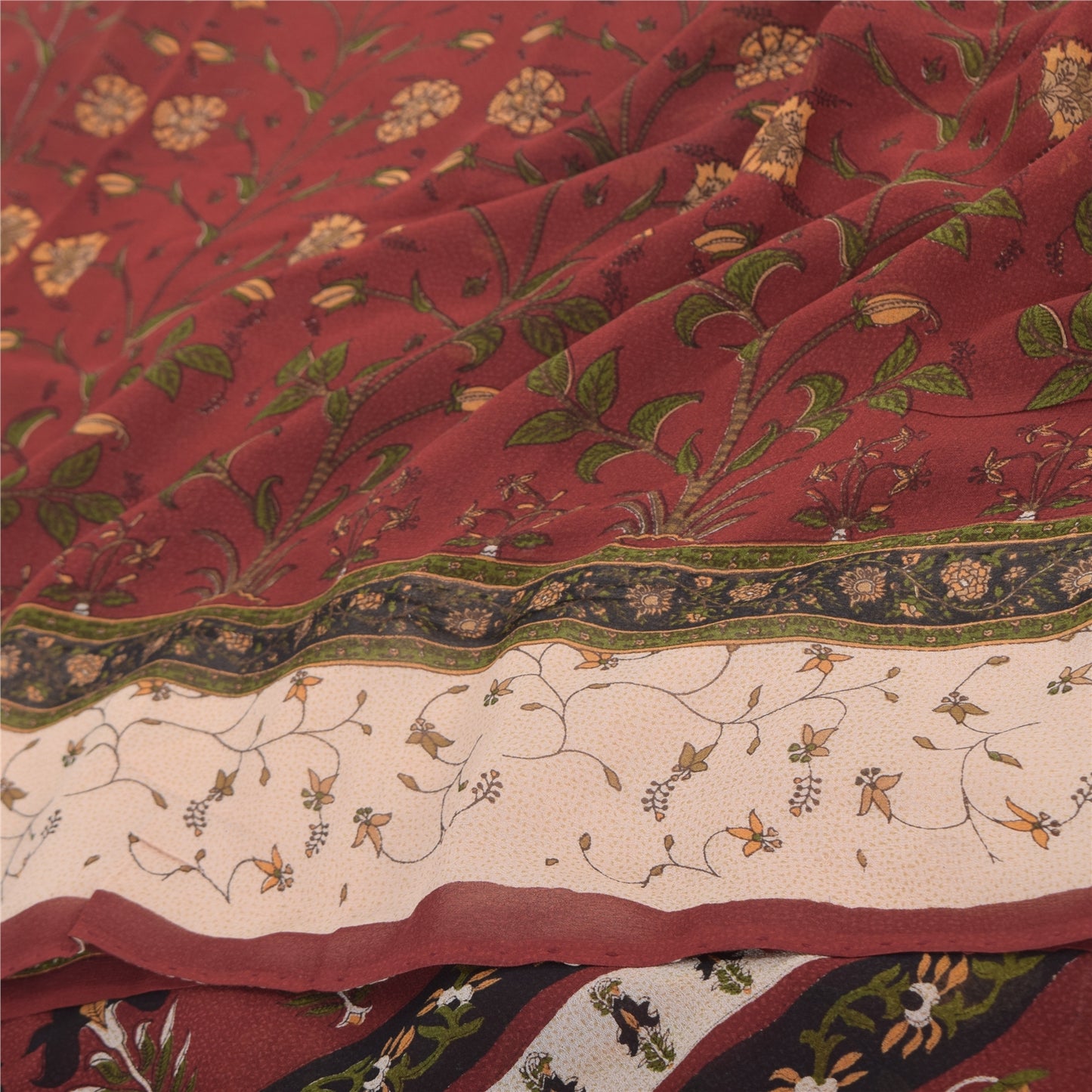 Sanskriti Vintage 100% Pure Georgette Silk Dark Red Printed Sarees 5 YD Craft Fabric Bohemian Fabric For Dressmaking,Upcyclers
