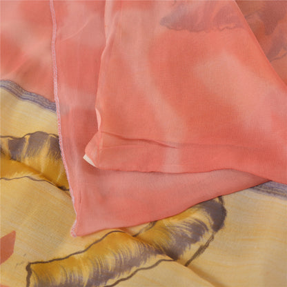 Sanskriti Vintage 100% Pure Georgette Silk Cream Printed Saree Craft Supplies 5 Yard Fabric Floral Upcycled Sarongs, Scarves, or Stoles