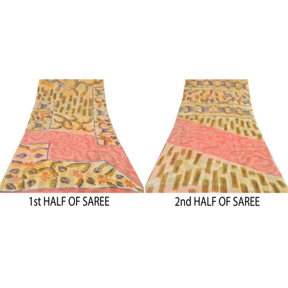 Sanskriti Vintage 100% Pure Georgette Silk Cream Printed Saree Craft Supplies 5 Yard Fabric Floral Upcycled Sarongs, Scarves, or Stoles