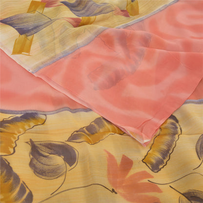 Sanskriti Vintage 100% Pure Georgette Silk Cream Printed Saree Craft Supplies 5 Yard Fabric Floral Upcycled Sarongs, Scarves, or Stoles